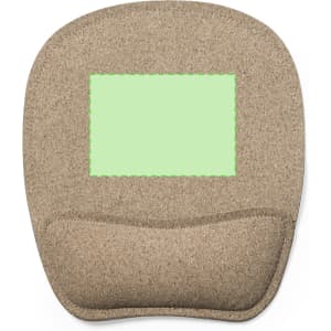 A beige mousepad with a soft wrist support and a rectangular green area, featuring a logo.