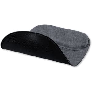A grey and black mousepad with a curved design and textured exterior, featuring a branding logo.