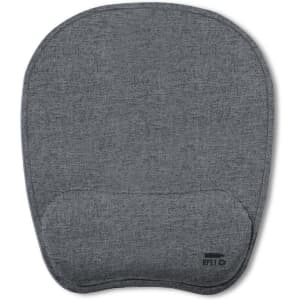 A grey mousepad with a soft wrist rest and a subtle logo at the bottom. Suitable for office use.