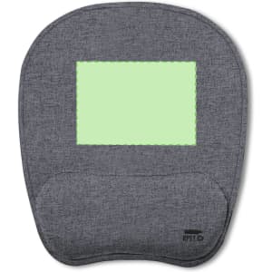 A grey mousepad with a green rectangular area in the centre, featuring a textured fabric surface and a branding logo.