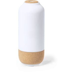 A white humidifier with a cork base, featuring a simple and modern design. It includes branding.