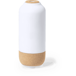 A white humidifier with a cork base, featuring a simple and modern design. It has a logo on its surface.