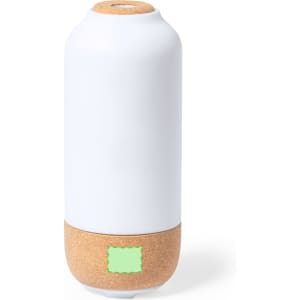 A white humidifier with a cork base, featuring a simple design and a logo on the body.