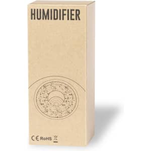 A cardboard box containing a round humidifier design, featuring a logo and labelled as a "Humidifier."
