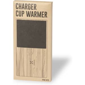 A brown box with a wood-patterned design containing a charger cup warmer. It features a simple logo on the front.