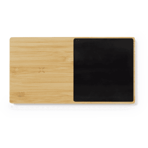 A wooden charger cup warmer with a black surface, featuring a logo.