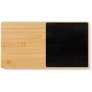 A bamboo cup warmer featuring a black charging surface, suitable for wireless charging devices.