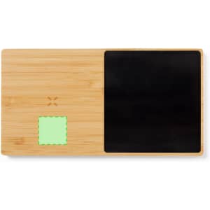 A bamboo charger cup warmer with a black charging surface and a green accent square. It features a logo.