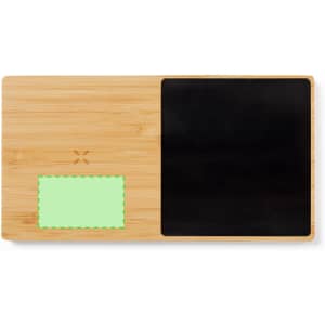 A bamboo wireless charger with a black charging surface and a green section. It features a logo.