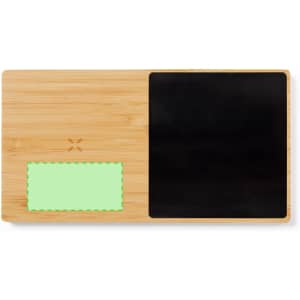A wooden charger cup warmer with a black surface and a green section, featuring a logo.
