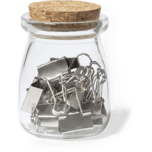 A glass jar with a cork lid containing silver binder clips.