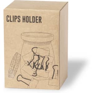 A brown cardboard box containing a drawing of various paper clips and a jar. The box features a logo.