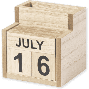 A wooden calendar pencil holder in light wood, featuring a flip date display for the month of July and day 16.