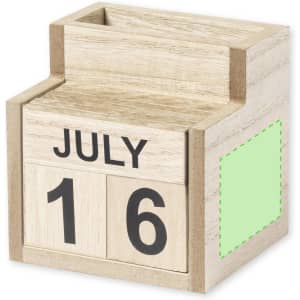 A wooden calendar pencil holder featuring a block design in natural wood tones with a slot for holding pencils.