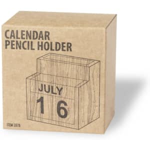 A wooden pencil holder featuring a perpetual calendar with a box design. It comes in a natural brown colour.