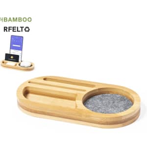 A bamboo organiser featuring a felt section and multiple compartments for storing stationery and devices.