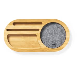 A bamboo organiser with a grey felt compartment and multiple slots for storage. It features a smooth, natural finish.