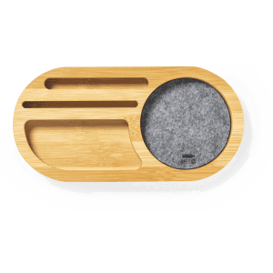 A bamboo organiser featuring a grey felt pad, with grooves for holding pens and other office items.