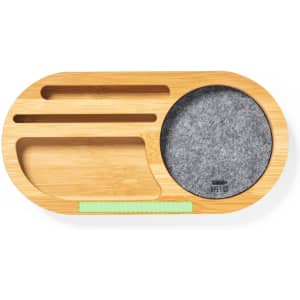 A bamboo organiser featuring compartments and a felt section, in natural wood tones with a green accent.