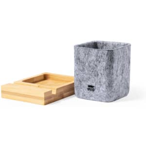 A grey pencil holder with a bamboo base, featuring a logo on the side.