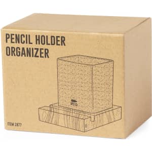 A square pencil holder and organiser in a natural finish, packaged in a cardboard box with a logo.