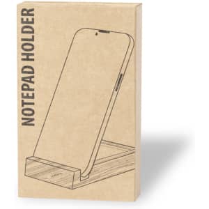 A notepad holder featuring a wooden base and a cardboard design for displaying notes. The packaging has a logo.