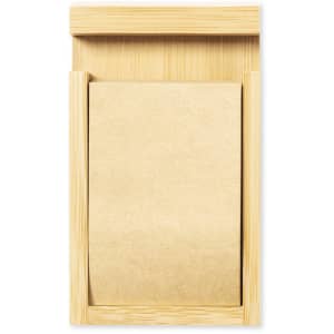 A wooden notepad holder in a natural finish, featuring a stack of blank paper inside.
