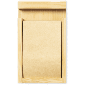A bamboo notepad holder featuring a stack of blank paper. Includes a holder for easy access.