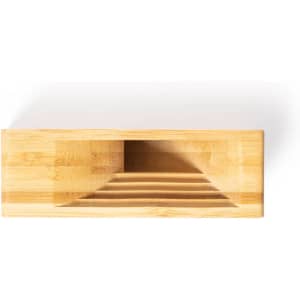 A bamboo sound amplifier with a stepped design, featuring a natural wood finish. It has a logo on the surface.