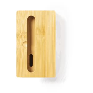 A bamboo phone stand with a sleek design, featuring a slot for device placement. It has a natural finish.
