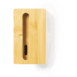 A bamboo phone stand with a slot for devices, featuring a natural wood finish and a smooth surface.