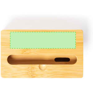 A bamboo phone stand featuring a smooth surface, a groove for a device, and a small round button.