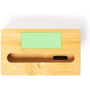 A bamboo sound amplifier with a light green accent and a slot for a phone. It features a round wooden knob.