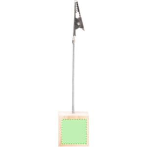 A metal clip attached to a long metal stem inserted into a square wooden base.