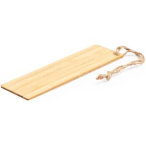 A bamboo bookmark with a natural finish and a twine loop for easy handling.