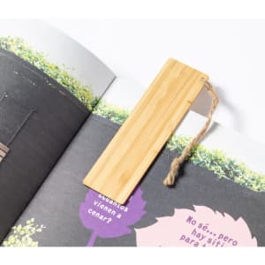 A bamboo bookmark with a string attached, resting on an open book page featuring colourful illustrations.