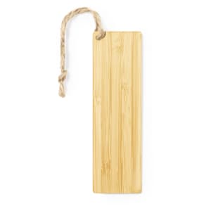 A bamboo bookmark with a natural finish and a twine loop at the top.