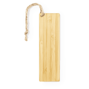 A bamboo bookmark with a natural finish and a jute string attached.