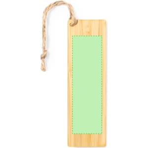 A bamboo bookmark with a green empty space and a natural twine string attached.