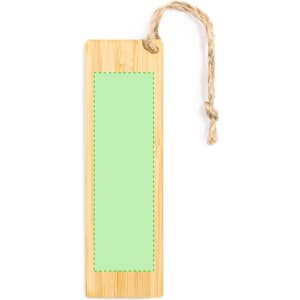 A bamboo bookmark featuring a light green rectangular area and a twine loop at the top.