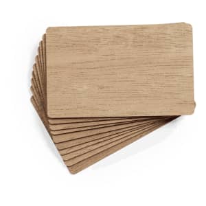A stack of brown business cards with a wood-like texture. The cards have rounded edges and a simple design.