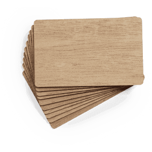 A set of brown, wood-textured business cards stacked together, featuring rounded edges and a minimalist design.