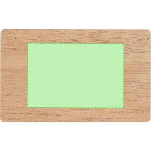 A business card featuring a wooden texture with a green centre and a stitched outline. It includes a logo.