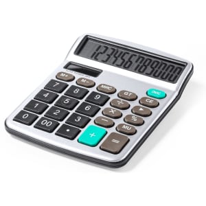 A silver and black calculator with a large display and basic function keys. It features a branding logo.