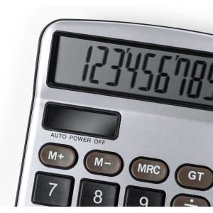 A silver calculator featuring a large display and a range of buttons, including numbers and function keys.