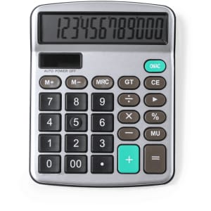 A silver and black calculator with a large display and numerical keypad, featuring a green accent button.