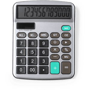 A silver and black calculator with a digital display and multiple buttons, including a logo on the front.
