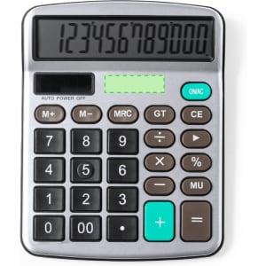 A silver and black calculator with a display screen and numbers, featuring a variety of function buttons and a logo.