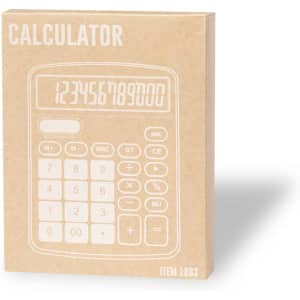 A beige box containing a calculator with a white numeric display and buttons. The box features a simple calculator illustration and has a logo.