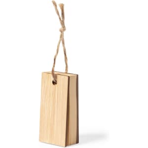 A wooden notepad with a natural finish, tied with a twine loop for easy hanging.